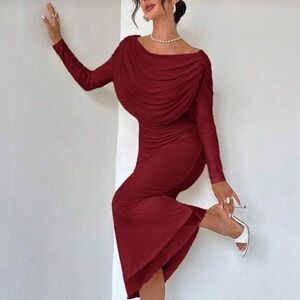 Burgundy draped midi long sleeve mesh fully lined dress